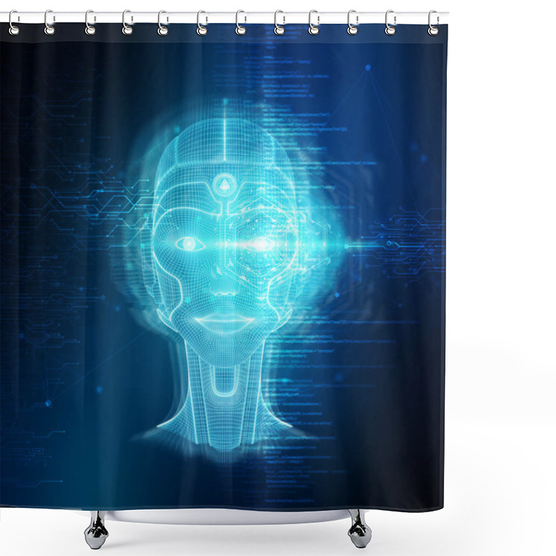 Personality  Intelligent Machine With A Robotic Cyborg Head Concept 3D Render Shower Curtains