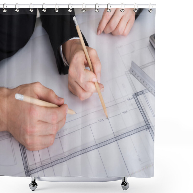 Personality  BusinessPeople Discussing A Architectural Drawing Shower Curtains