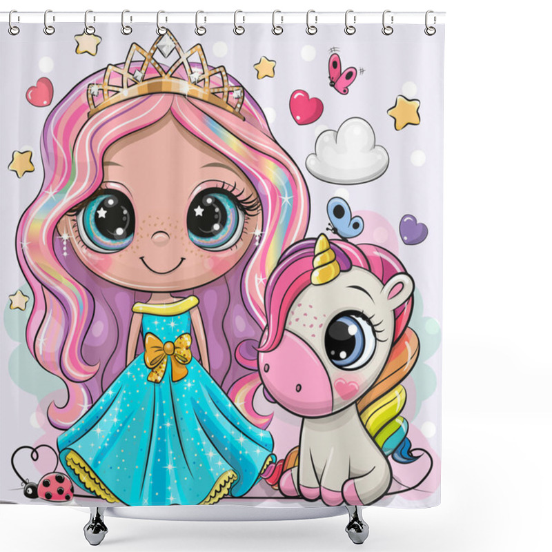 Personality  Greeting Card With Cute Cartoon Fairy Tale Princess And Unicorn Shower Curtains