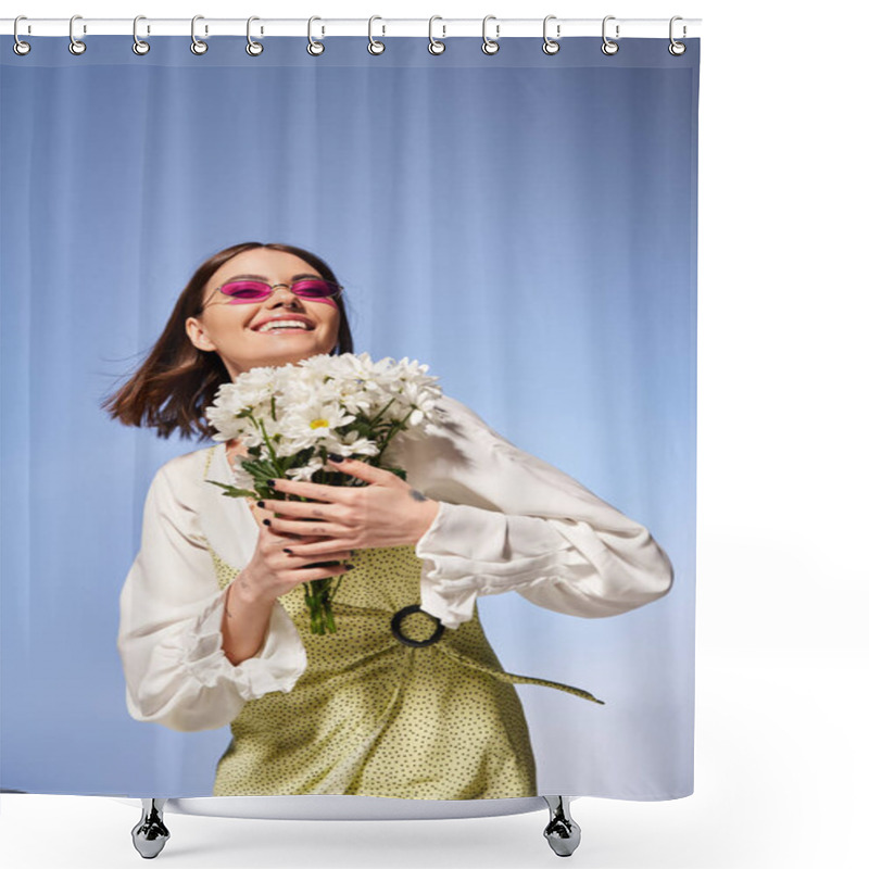 Personality  A Young Woman With Brunette Hair, Elegantly Holding A Bouquet Of Flowers In A Studio Setting. Shower Curtains