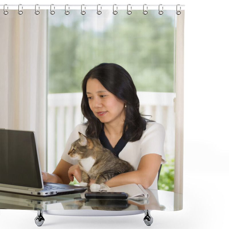 Personality  Mature Woman Relaxing With Her Cat While Working At Home  Shower Curtains