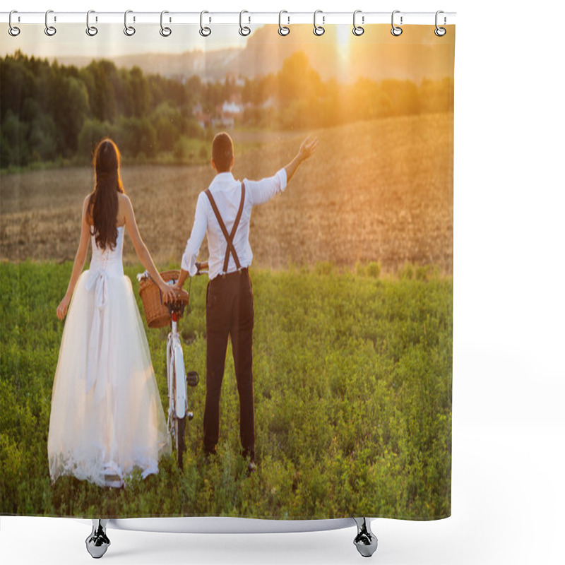 Personality  Bride And Groom With A White Wedding Bike Shower Curtains