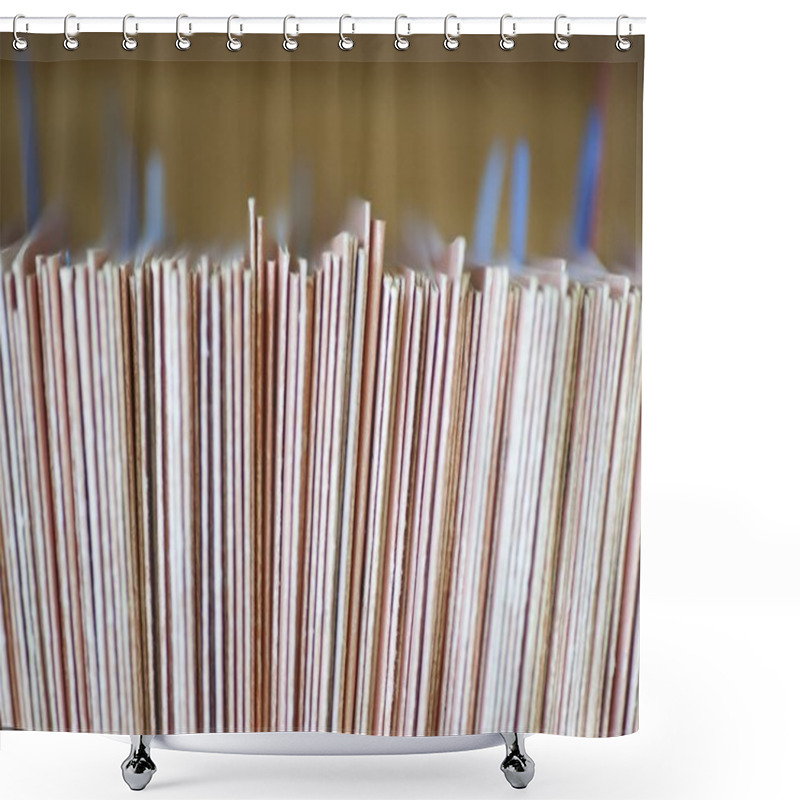 Personality  Folders In Library Close Up Shower Curtains