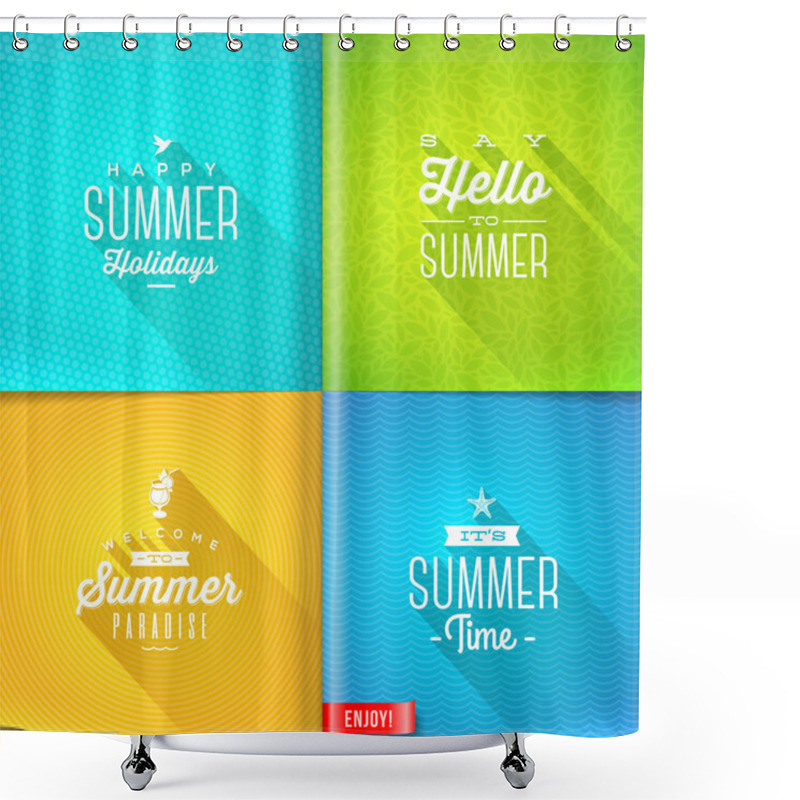 Personality  Booklet Template - Set Of Summer Greeting Sign With Long Shadow On Pattern Paper Pages - Vector Design Shower Curtains