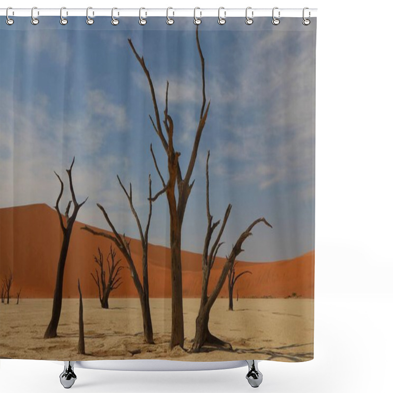 Personality  Deadvlei, A Vast Desert Landscape In Sossusvlei, Namibia, Featuring A White Clay Pan Surrounded By Towering Red Sand Dunes And Scattered Dead Camelthorn Trees Under A Blue Sky Shower Curtains