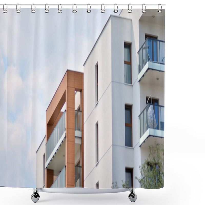 Personality  New Apartment Building With Glass Balconies. Modern Architecture Houses By The Sea. Large Glazing On The Facade Of The Building. Shower Curtains