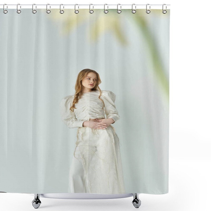 Personality  A Young Woman In An Elegant Dress Stands Amidst Delicate Flowers, Capturing Beauty And Tranquility. Shower Curtains