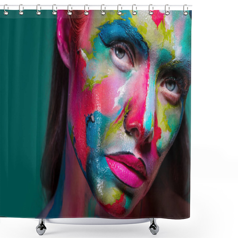 Personality  Fashion And Creative Makeup, Young Beautiful Woman Abstract Face Art, Shower Curtains