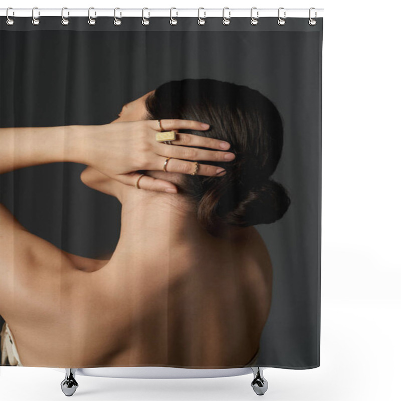 Personality  A Young Woman With Brunette Hair Is Shown From The Back, Showcasing Her Golden Rings On Her Fingers Against A Dark Background. Shower Curtains