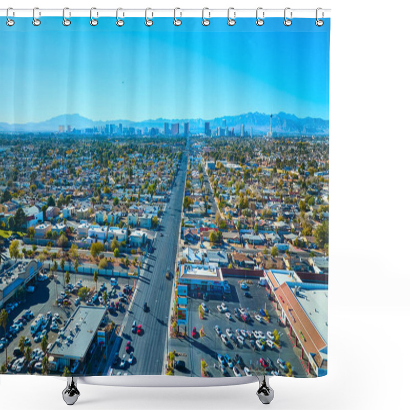 Personality  Aerial View Of Las Vegas Showcasing A Vibrant Suburban Landscape Leading To The Iconic Skyline With The Stratosphere Tower. Sunlit Day Reveals The Blend Of Residential And Commercial Zones. Shower Curtains