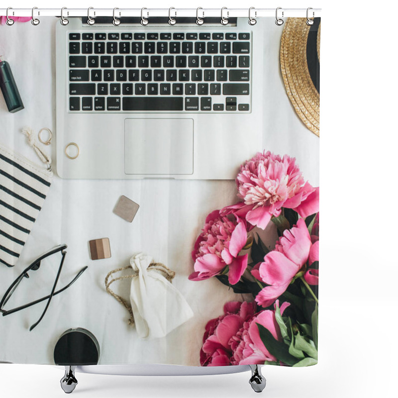 Personality  Flat Lay Fashion Feminine Office Desk With Laptop, Pink Peony Flowers, Cosmetics, Accessories. Top View Fashion Or Beauty Blog Summer Floral Background. Shower Curtains