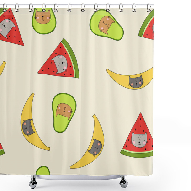 Personality   Cats In Banana, Avocado, Watermelon Vector Seamless Pattern. Funny Children's Pattern. Funny Kittens Backdrop. Cartoon Vector Background . For The Design Of Textiles, Fabric, Wallpaper, Wrapping Paper Shower Curtains