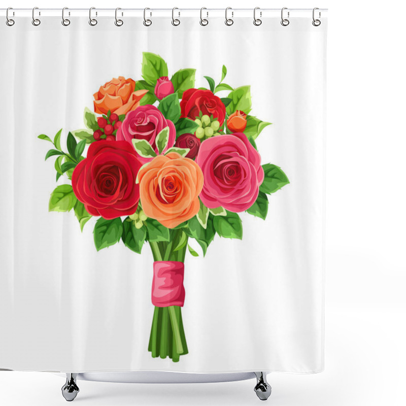 Personality  Vector Bouquet Of Red And Orange Roses And Green Leaves. Shower Curtains