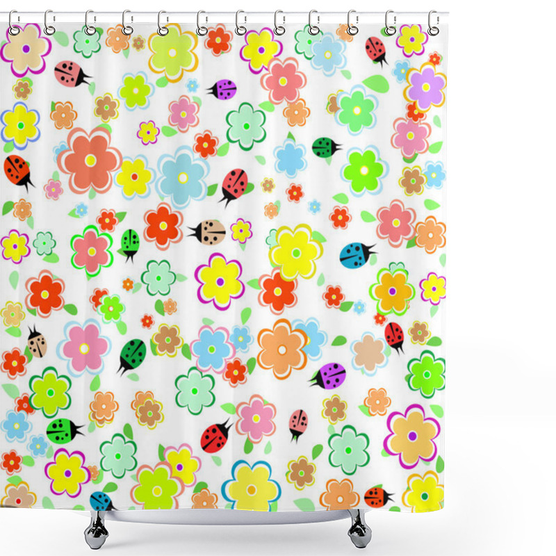 Personality  Spring Background With Small Flowers And Ladybugs Shower Curtains