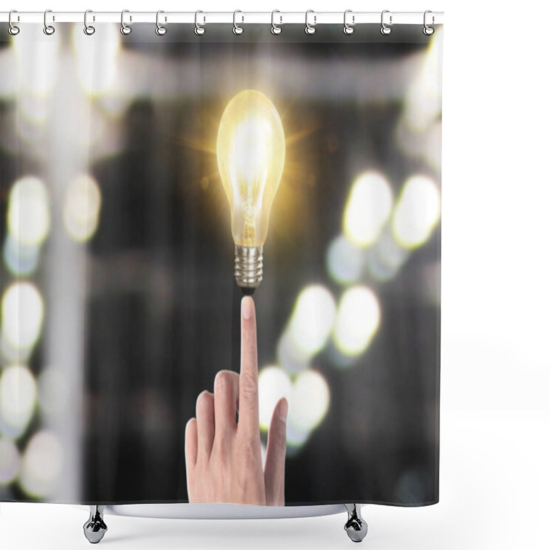 Personality  Hand Of Holding Illuminated Light Bulb, Idea, Innovation Inspira Shower Curtains