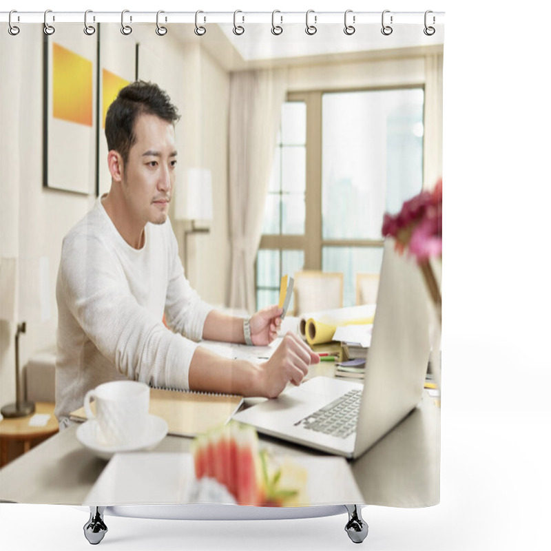 Personality  Young Asian Man Design Professional Working From Home Sitting At Kitchen Using Laptop Computer (artwork In Background Digitally Altered) Shower Curtains