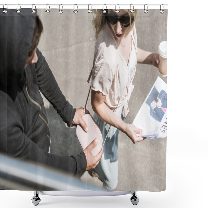 Personality  High Angle View Of Woman Walkig On Street With Newspaper While Man Stealing Her Bag Shower Curtains