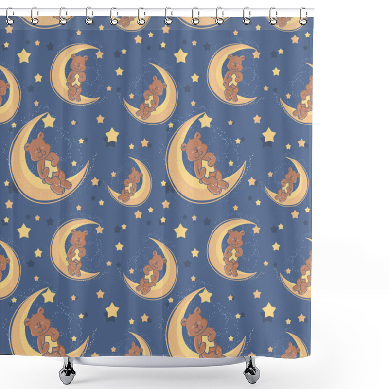 Personality  Teddy Bear Sitting On A Moon Seamless Textile Pattern Shower Curtains