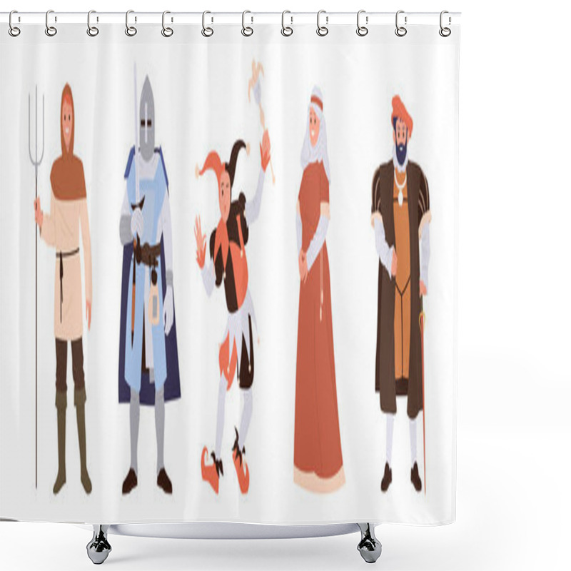 Personality  Medieval Historical People Cartoon Characters Wearing National Clothes Regarding Their Social Status Isolated Set. Farmer, Knight Warrior, Nun, Feudal Lord, Jester Ancient Heroes Vector Illustration Shower Curtains