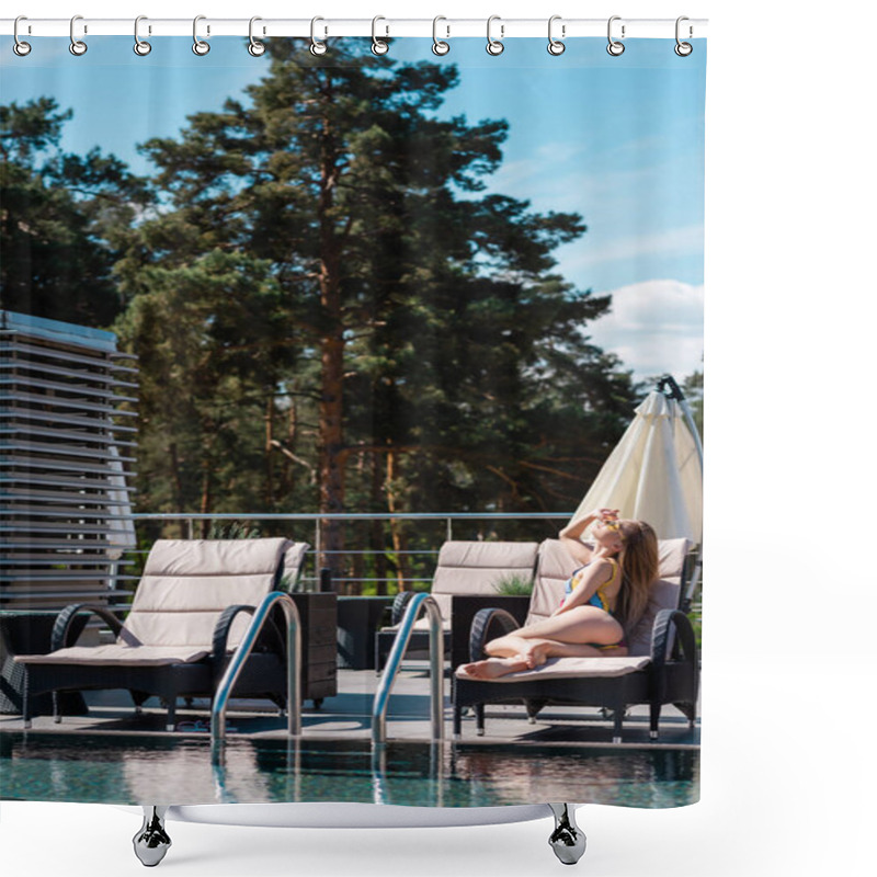 Personality  Side View Of Woman In Swimwear Lying On Deck Chair Near Swimming Pool  Shower Curtains