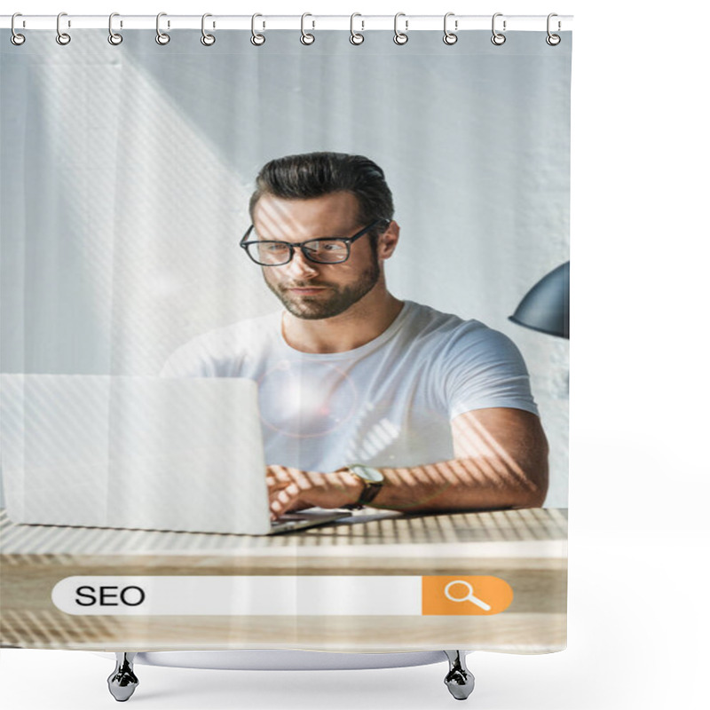 Personality  Handsome Developer Working With Laptop With SEO Search Bar Shower Curtains