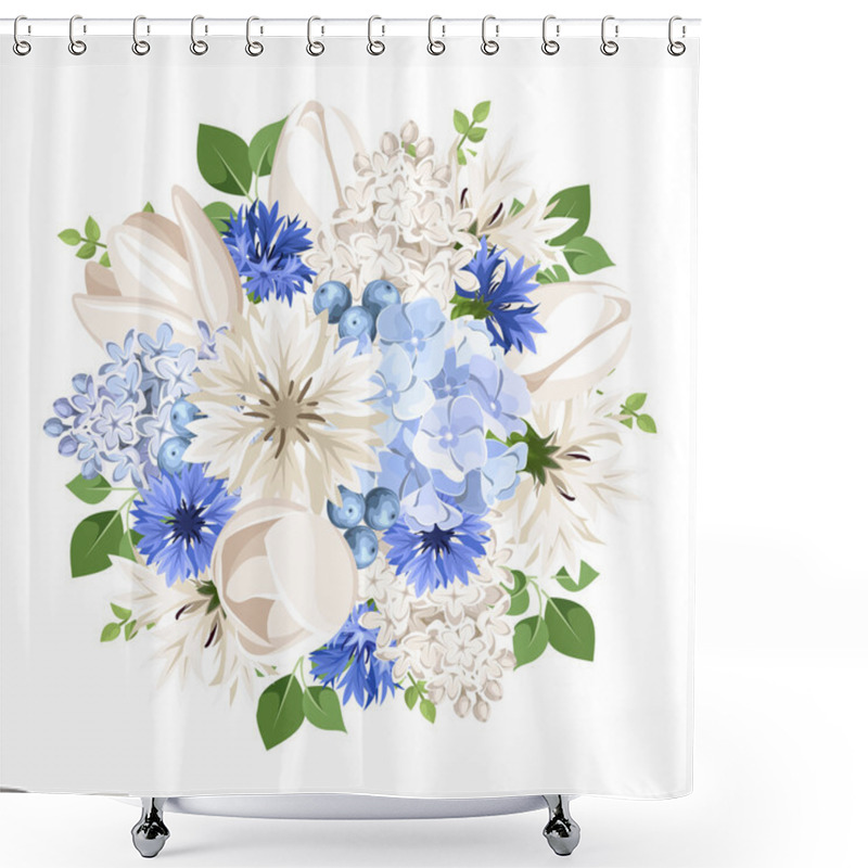 Personality  Bouquet Of White And Blue Flowers. Vector Illustration. Shower Curtains