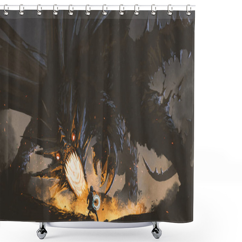 Personality  Fantasy Scene Showing The Girl Fighting The Fire Dragon, Digital Art Style, Illustration Painting Shower Curtains