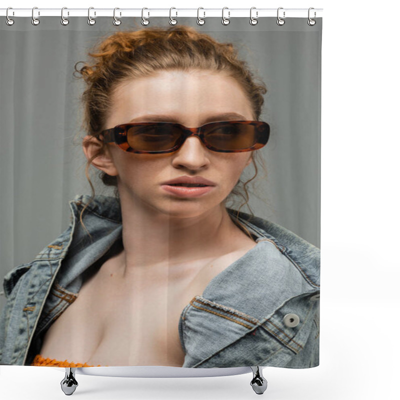 Personality  Confident Young Red Haired Woman With Natural Makeup Wearing Sunglasses And Denim Jacket And Looking Away Isolated On Grey Background, Trendy Sun Protection Concept, Fashion Model  Shower Curtains