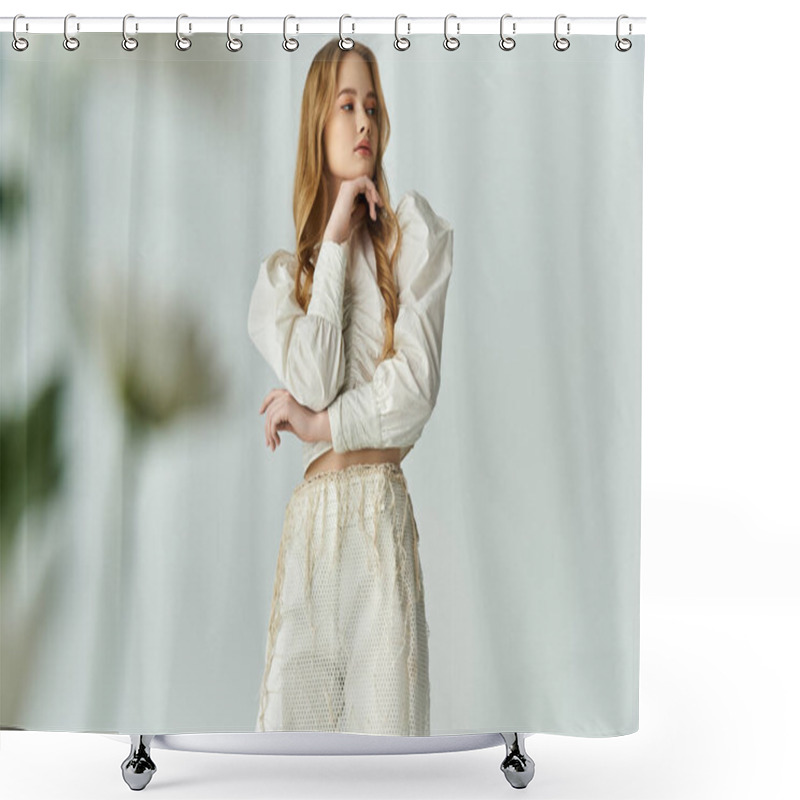 Personality  A Young Woman Gracefully Poses, Surrounded By Blooming Flowers And Soft Light. Shower Curtains