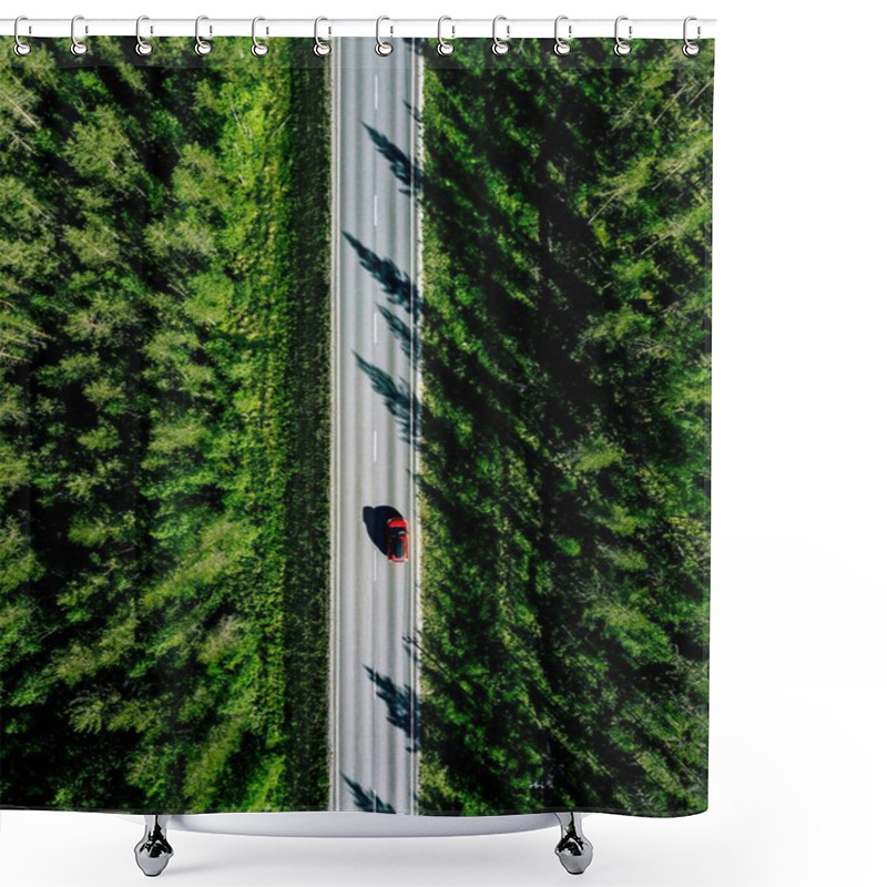 Personality  Aerial View Of A Country Road With Red Car In The Middle Of Green Summer Forest  Shower Curtains