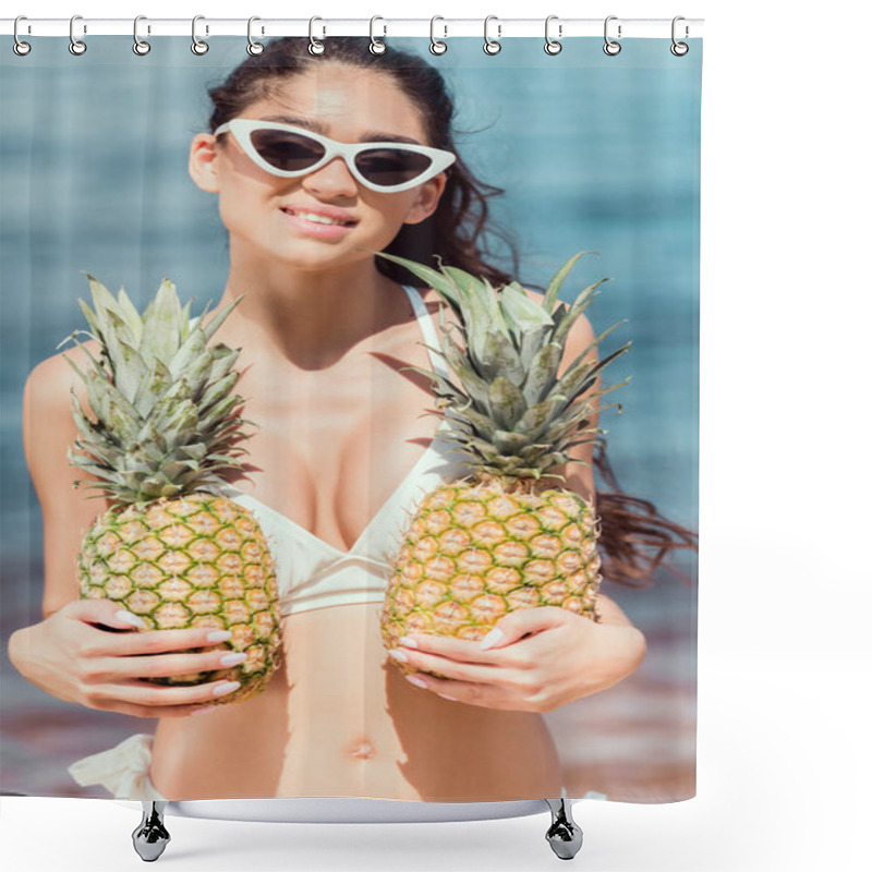 Personality  Smiling Girl In Bikini And Sunglasses Holding Fresh Pineapples Near The Sea Shower Curtains