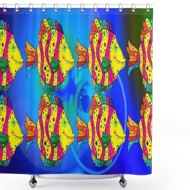 Personality  Fishes On Blue, Yellow And Green. Repeating Geometric Tiles With Fish. Sketch Pattern. Raster. Modern Stylish Texture. Shower Curtains