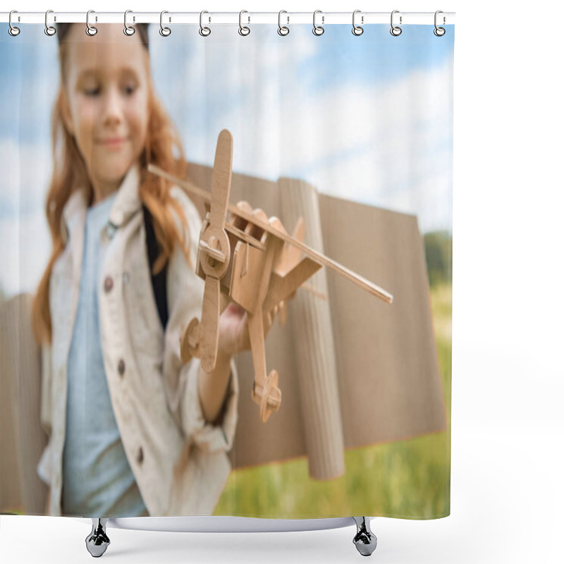 Personality  Selective Focus Of Red Hair Kid In Pilot Costume Holding Wooden Plane Against Blue Sky Shower Curtains