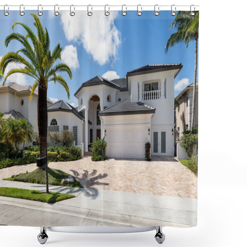 Personality  Facade Of Elegant Colonial-style Mansion, With Tropical Front Garden, Cobblestone Driveway, Palms, Trees, Short Grass, Sidewalk, Blue Sky Shower Curtains