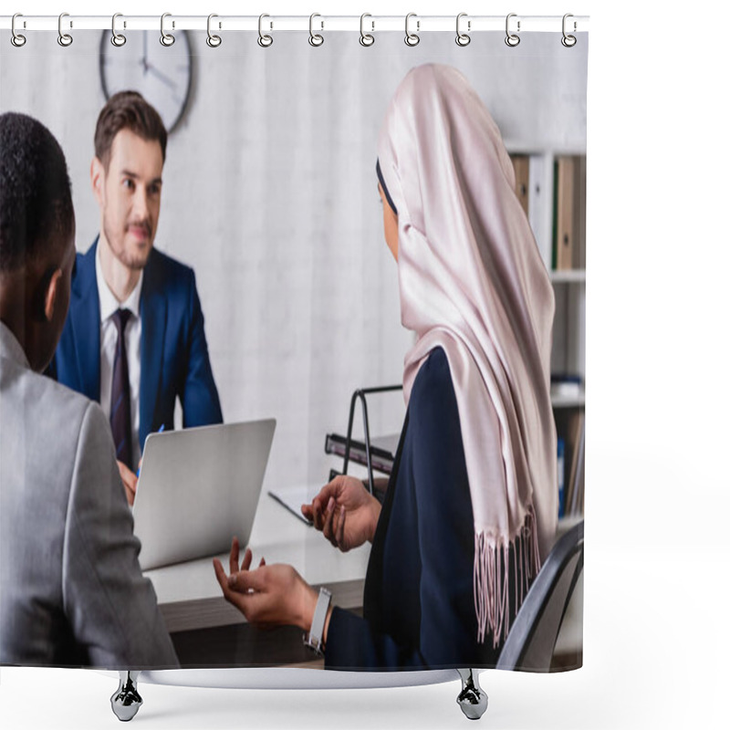 Personality  Back View Of Arabian Businesswoman Gesturing While Talking To European And African American Partners, Blurred Background Shower Curtains