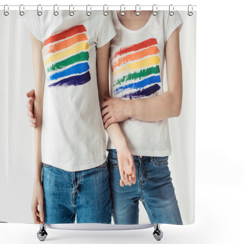 Personality  Women In White Shirts With Printed Rainbow  Shower Curtains