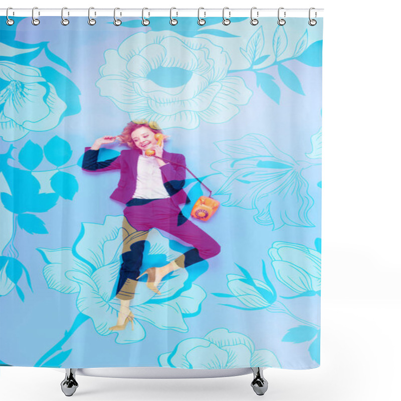 Personality  Top View Of Businesswoman In Suit And High-heeled Shoes Talking On Telephone While Lying On Blue Background With Floral Illustration Shower Curtains