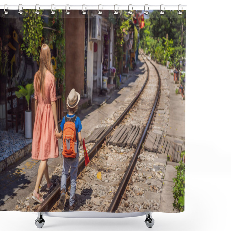 Personality  Mother And Son Travelers Walk Around Railway Paths Which Go Through Residential Area In Hanoi City. Hanoi Train Street Is A Famous Tourist Destination. Vietnam Reopens After Coronavirus Quarantine Shower Curtains