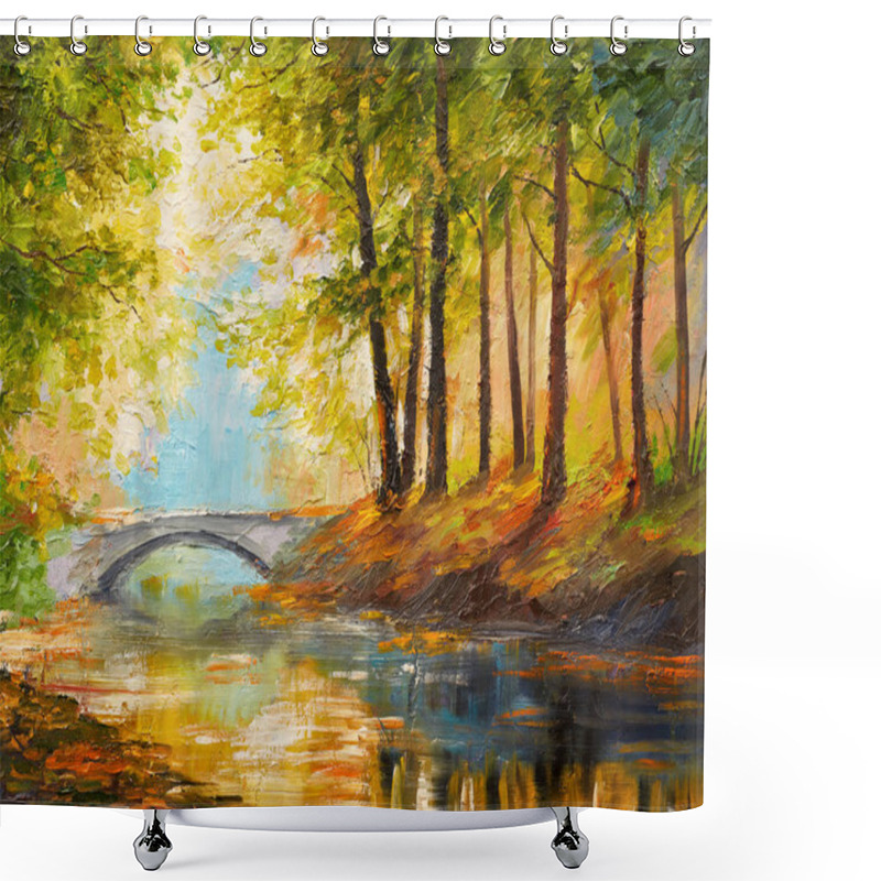 Personality  Oil Painting Landscape - Autumn Forest Near The River, Orange Leaves Shower Curtains