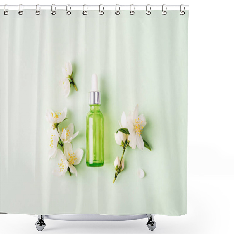 Personality  Green Cosmetic Serum Bottle And White Jasmine Flowers. Natural Cosmetics, Skin Care Concept. Top View, Flat Lay. Shower Curtains