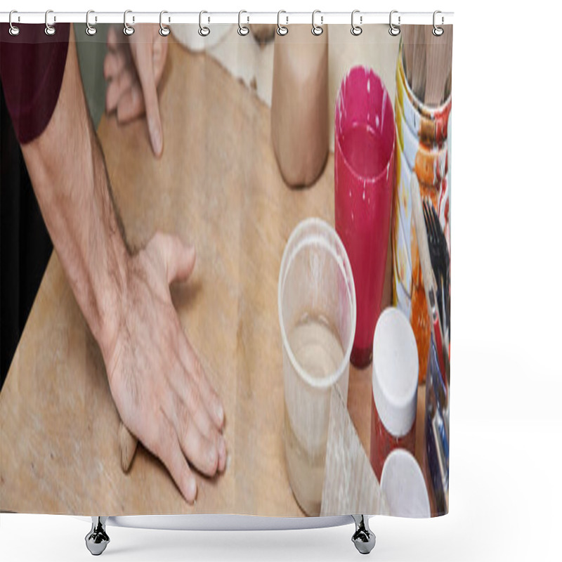 Personality  Elegant Trendy Man In Apron Making Some Pottery In Studio. Shower Curtains