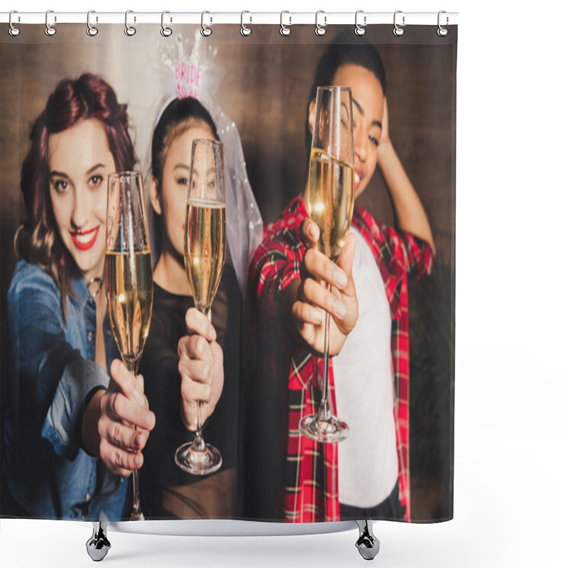 Personality  Multicultural Women With Champagne At Hen Party Shower Curtains