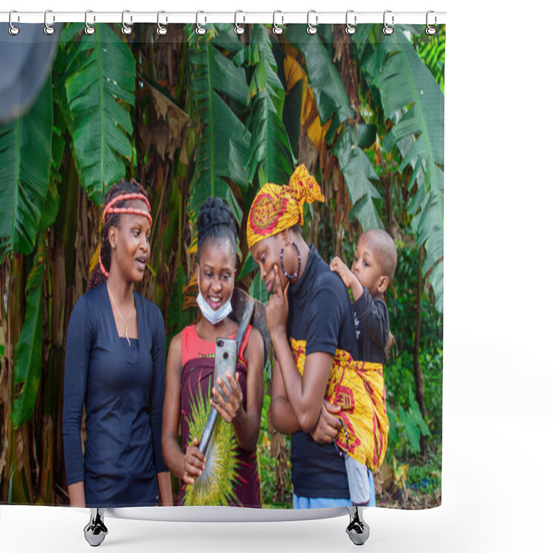 Personality  Three Female Africans Standing And Looking At A Smart Phone With Different Expression On A Banana Farm While One Of The Women Have A Baby On Her Back Shower Curtains