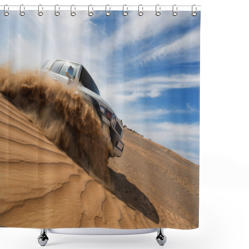 Personality  Four Wheel Drive Car The Desert In The United Arab Emirates. Shower Curtains