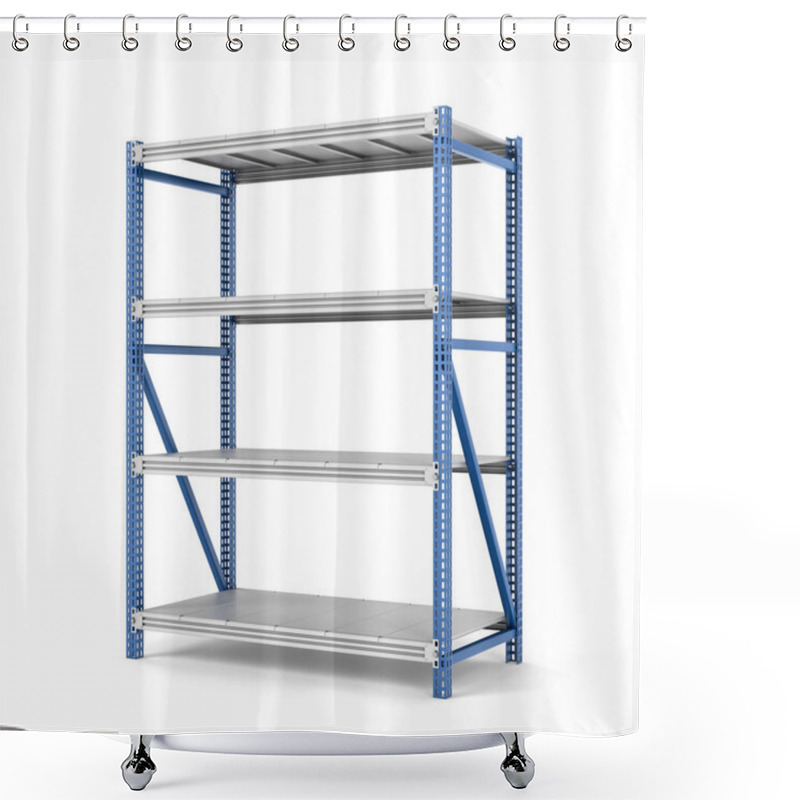 Personality  Rendering Of Metal Rack With Four Shelves, Isolated On A White Background Shower Curtains