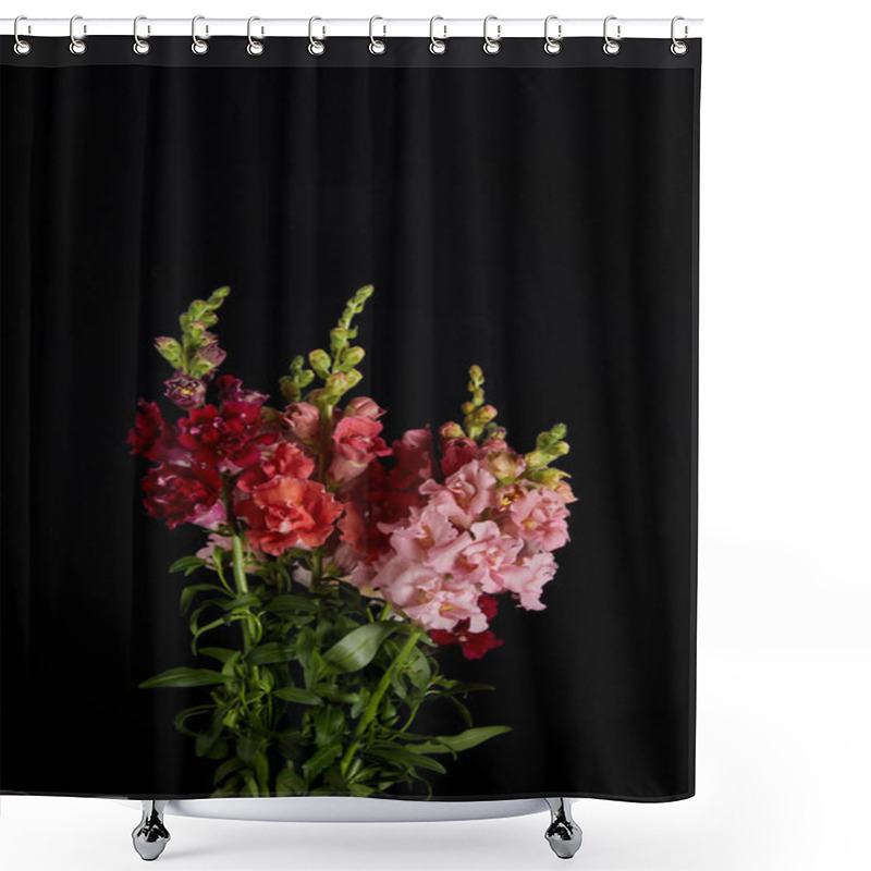 Personality  Bouquet Of Beautiful Tender Fresh Flowers With Buds And Green Leaves Isolated On Black Shower Curtains