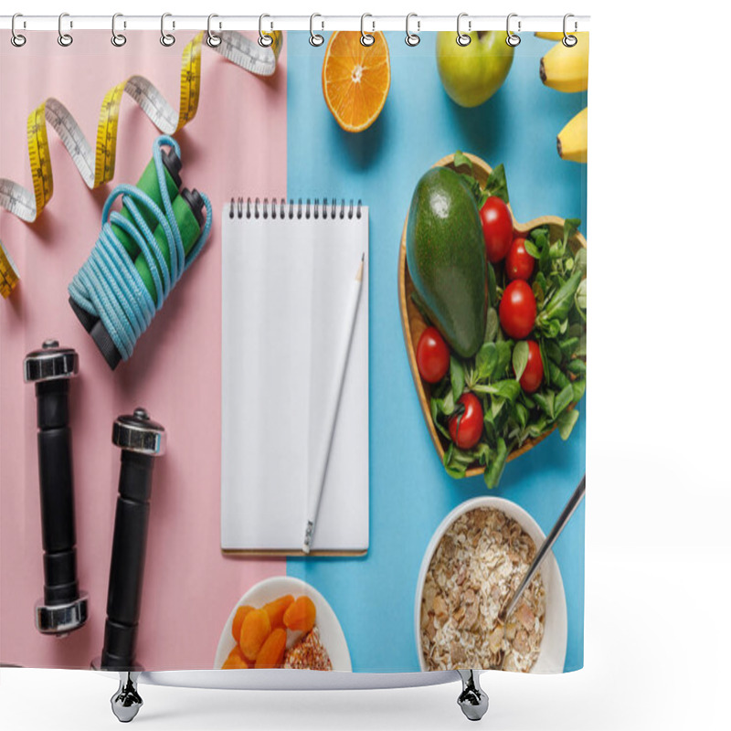 Personality  Top View Of Fresh Diet Food Near Sport Equipment And Measuring Tape Around Blank Notebook On Pink And Blue Background Shower Curtains