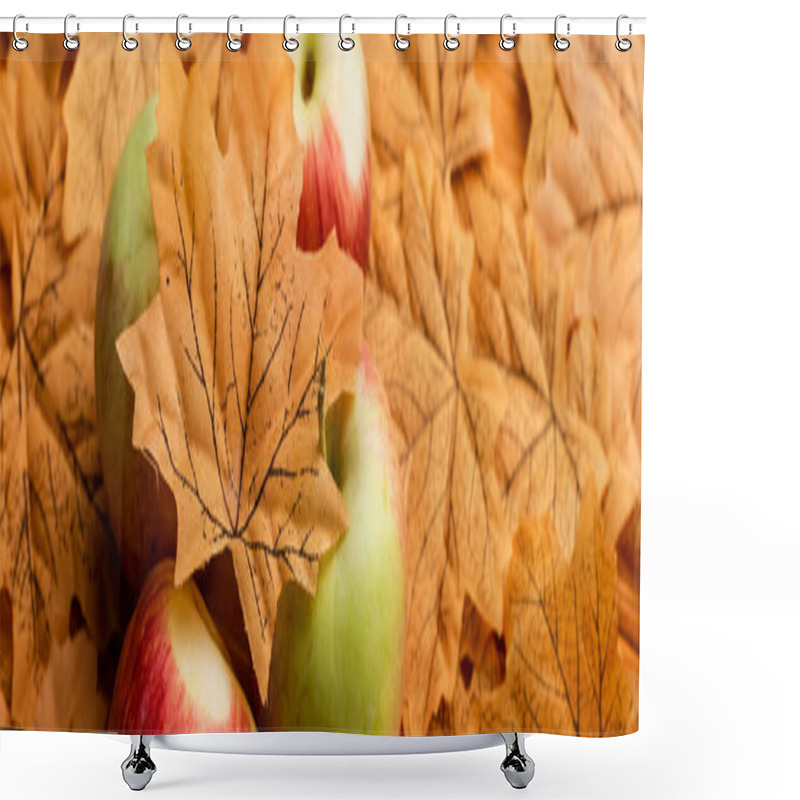 Personality  Selective Focus Of Ripe Tasty Apples And Autumnal Leaf, Panoramic Shot Shower Curtains