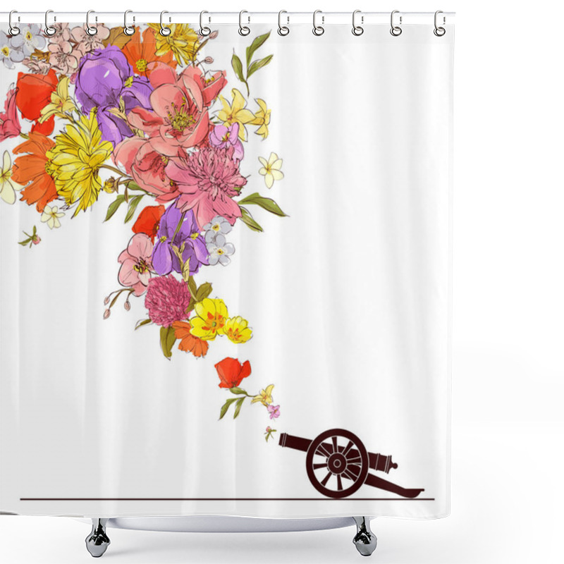 Personality  Abstract Vector Illustration Of Ancient Artillery Gun And Flower Shower Curtains