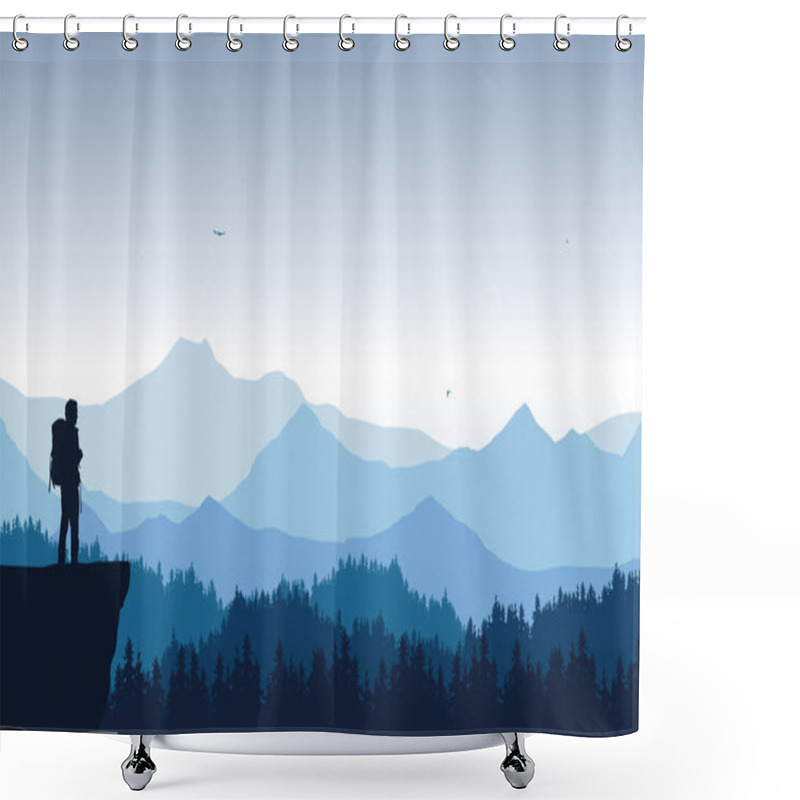 Personality  Realistic Illustration Of Mountain Landscape With Coniferous Forest Under Blue Sky With Flying Birds. Lonely Hiker Standing On Top And Looking Into Valley. - Vector Shower Curtains